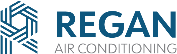 Logo of Regan air conditioning featuring a stylized blue snowflake design next to the company name in dark blue font.